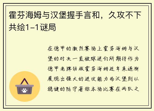 霍芬海姆与汉堡握手言和，久攻不下共绘1-1谜局