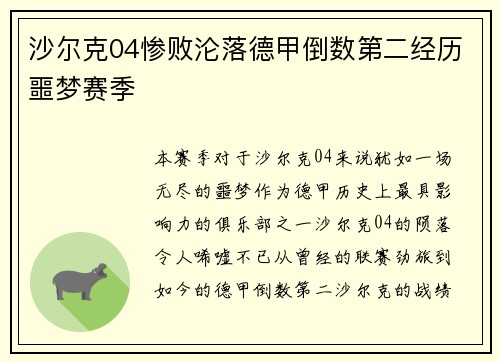 沙尔克04惨败沦落德甲倒数第二经历噩梦赛季