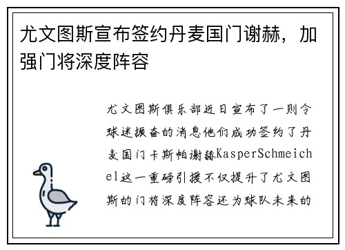 尤文图斯宣布签约丹麦国门谢赫，加强门将深度阵容