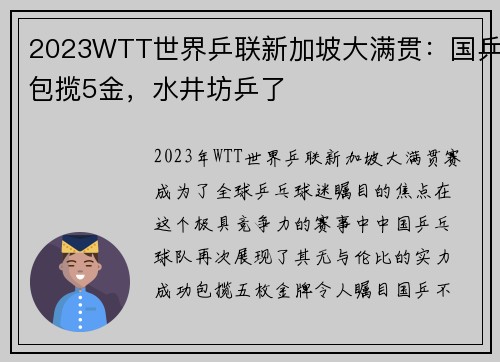 2023WTT世界乒联新加坡大满贯：国乒包揽5金，水井坊乒了