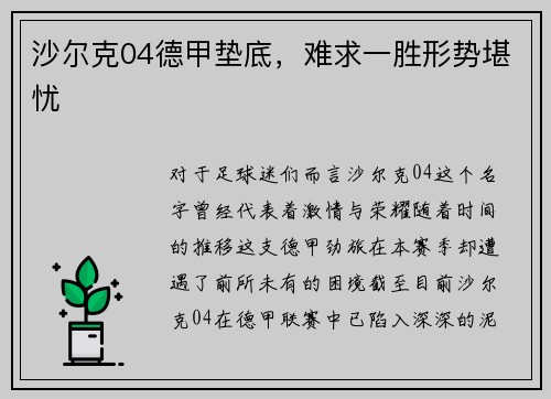 沙尔克04德甲垫底，难求一胜形势堪忧