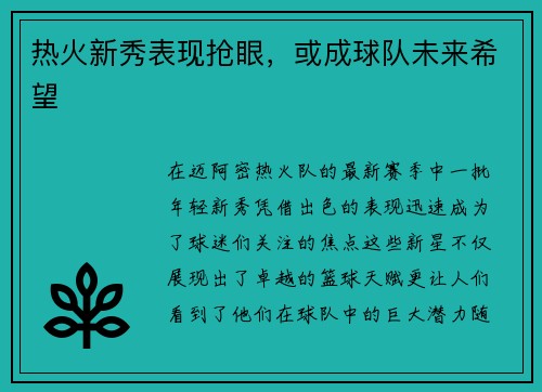 热火新秀表现抢眼，或成球队未来希望