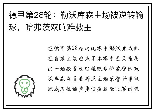 德甲第28轮：勒沃库森主场被逆转输球，哈弗茨双响难救主