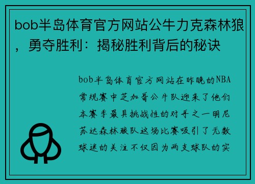 bob半岛体育官方网站公牛力克森林狼，勇夺胜利：揭秘胜利背后的秘诀