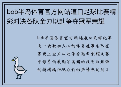 bob半岛体育官方网站道口足球比赛精彩对决各队全力以赴争夺冠军荣耀
