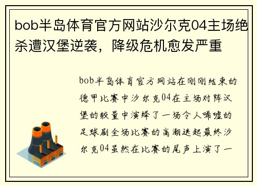 bob半岛体育官方网站沙尔克04主场绝杀遭汉堡逆袭，降级危机愈发严重