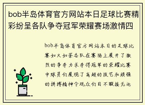 bob半岛体育官方网站本日足球比赛精彩纷呈各队争夺冠军荣耀赛场激情四溢